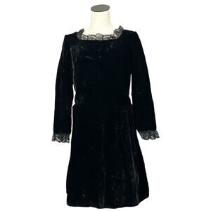 Vintage 60s Black Velvet Long Sleeve Midi Black Lace Trim Square Neck Dress M